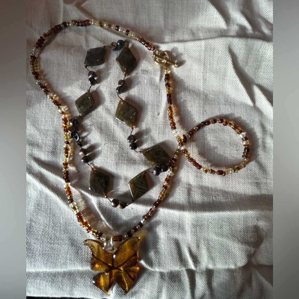Lot of 2 Hippie Boho Handblown Glass Crystal Labradorite Necklaces